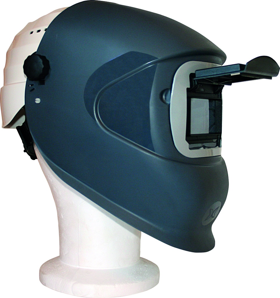 Casque de chantier blanc avec masque DC1 équipé d'un verre minéral teinte 11 relevable 105 x 50 mm [la pièce]