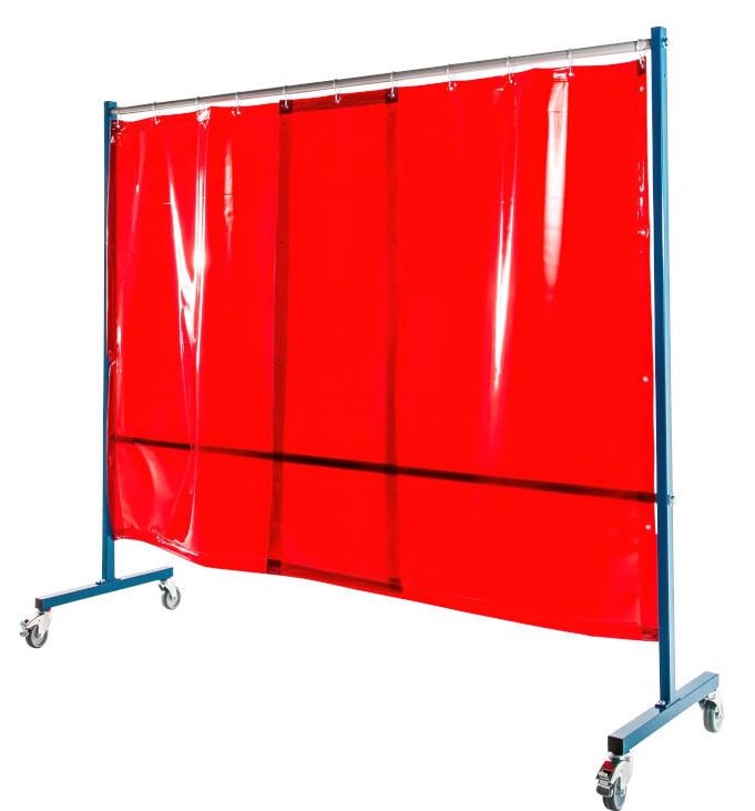 Ecran mobile d'atelier 1 VOLET avec 2 rideaux suspendus épaisseur 0,4 mm - Orange - DIN EN ISO 25980- hauteur 1950 mm x largeur 2100 mm -Monté sur 4 roulettes Ø 100 mm  dont 2 avec frein [la pièce]