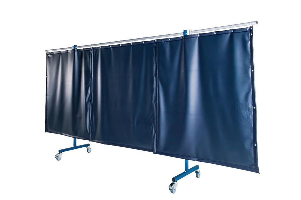 Ecran mobile d'atelier 3 VOLETS avec 3 rideaux suspendus épaisseur 0,4 mm - Vert Teinte 9 - DIN EN ISO 25980- hauteur 1950 mm x largeur 3700 mm -Monté sur 4 roulettes Ø 100 mm  dont 2 avec frein [la pièce]