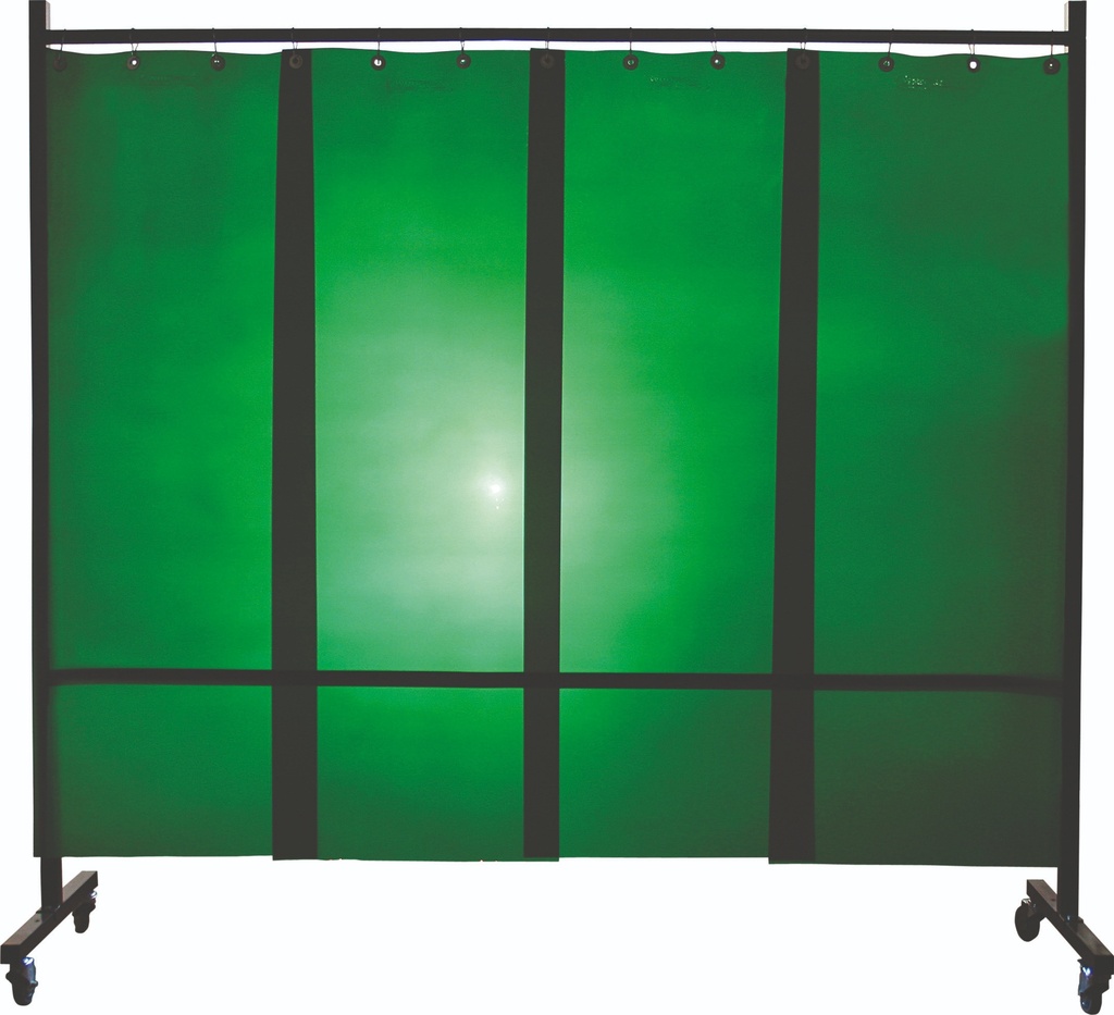 Ecran mobile d'atelier 1 VOLET avec Lanières suspendues épaisseur 1,0 mm - Vert Teinte 6 - DIN EN ISO 25980- hauteur 1950 mm x largeur 2100 mm -Monté sur 4 roulettes Ø 100 mm  dont 2 avec frein [la pièce]