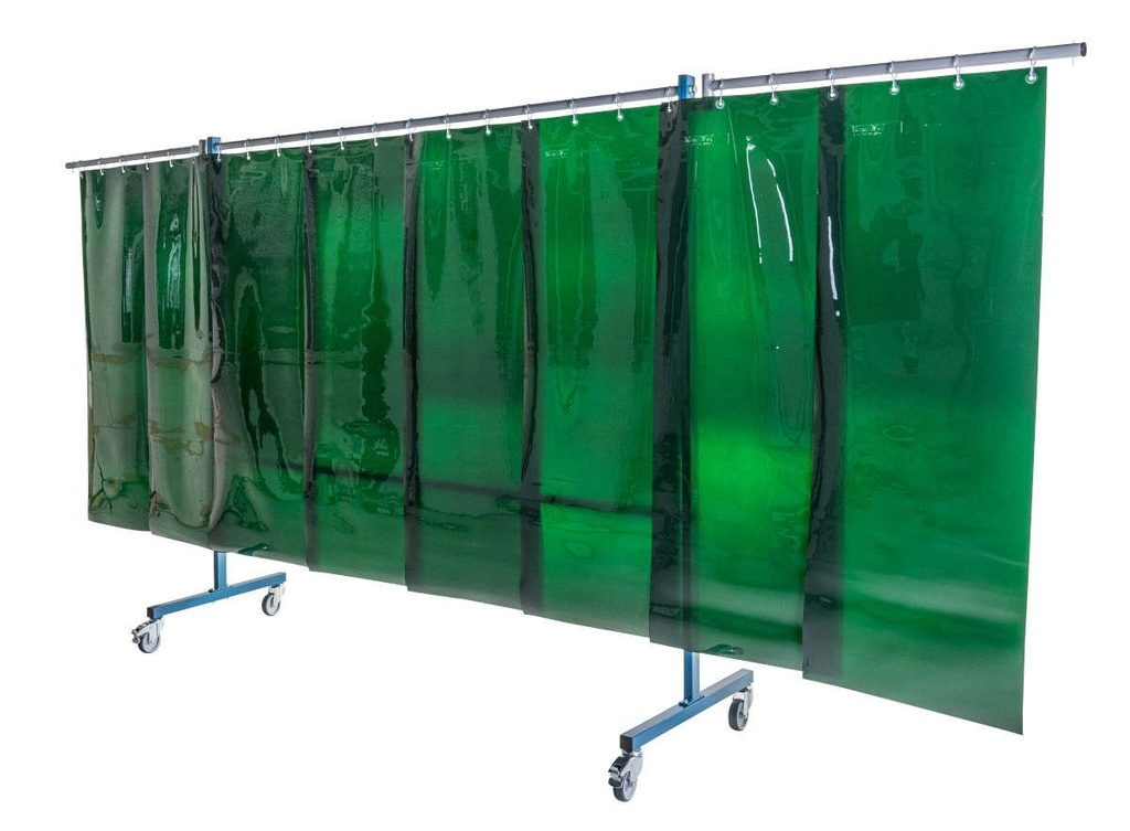 Ecran mobile d'atelier 3 VOLETS avec Lanières suspendues épaisseur 1,0 mm - Vert Teinte 6 - DIN EN ISO 25980- hauteur 1950 mm x largeur 3700 mm -Monté sur 4 roulettes Ø 100 mm  dont 2 avec frein [la pièce]