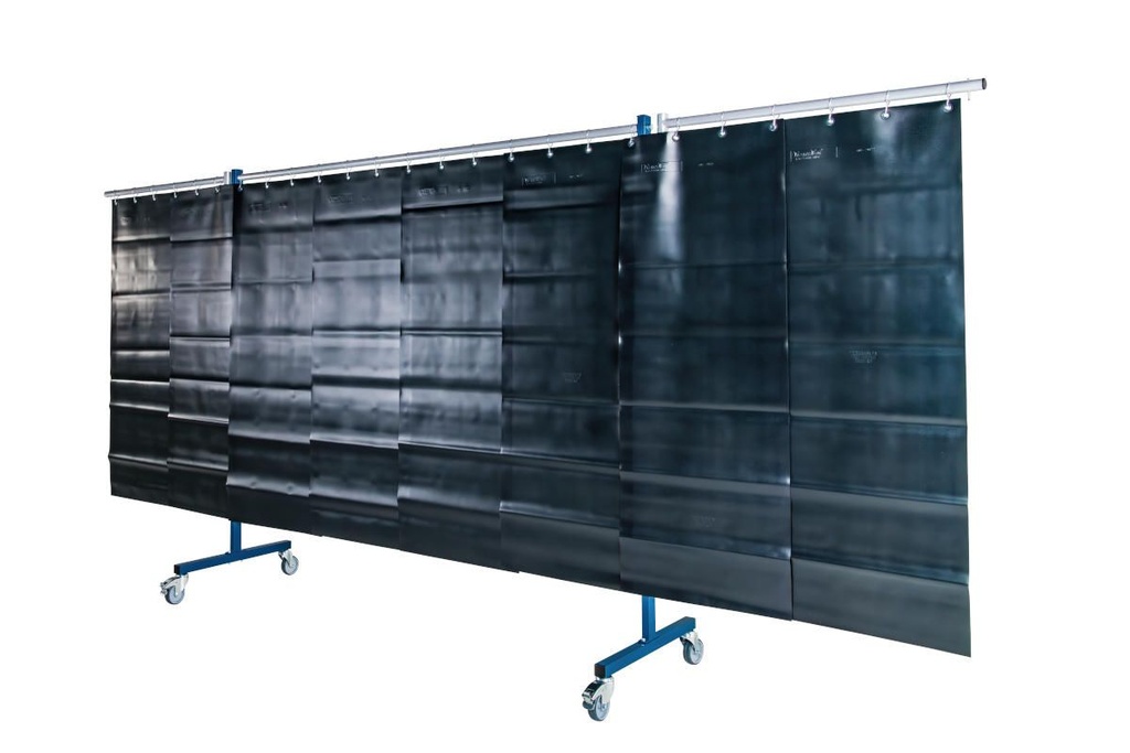 Ecran mobile d'atelier 3 VOLETS avec Lanières suspendues épaisseur 1,0 mm - Vert Teinte 9 - DIN EN ISO 25980- hauteur 1950 mm x largeur 3700 mm -Monté sur 4 roulettes Ø 100 mm  dont 2 avec frein [la pièce]