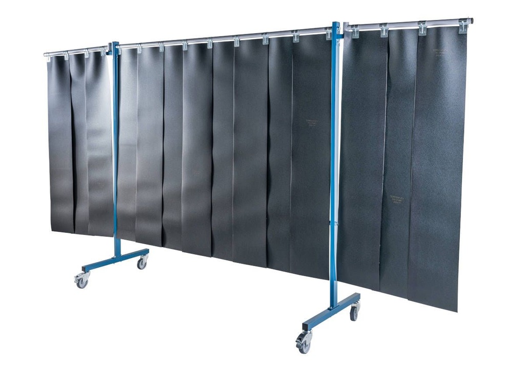 Ecran mobile d'atelier 3 VOLETS avec Lanières suspendues 300 x 2 mm - Vert Teinte 9 - DIN EN ISO 25980- hauteur 1950 mm x largeur 3700 mm -Monté sur 4 roulettes Ø 100 mm  dont 2 avec frein [la pièce]