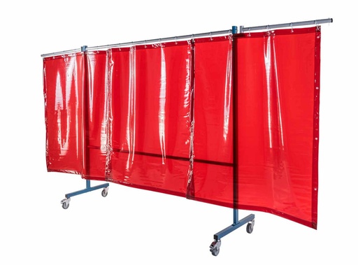 [ECR-3VOR-04-3700] Ecran mobile d'atelier 3 VOLETS avec 3 rideaux suspendus épaisseur 0,4 mm - Orange - DIN EN ISO 25980- hauteur 1950 mm x largeur 3700 mm -Monté sur 4 roulettes Ø 100 mm  dont 2 avec frein [la pièce]