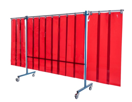 [ECR-3VOR-3002-3700] Ecran mobile d'atelier 3 VOLETS avec Lanières suspendues 300 x 2 mm - Orange - DIN EN ISO 25980- hauteur 1950 mm x largeur 3700 mm -Monté sur 4 roulettes Ø 100 mm  dont 2 avec frein [la pièce]