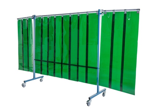 [ECR-3VG6-3002-3700] Ecran mobile d'atelier 3 VOLETS avec Lanières suspendues 300 x 2 mm - Vert Teinte 6 - DIN EN ISO 25980- hauteur 1950 mm x largeur 3700 mm -Monté sur 4 roulettes Ø 100 mm  dont 2 avec frein [la pièce]